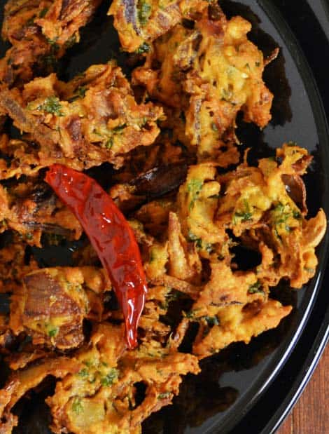 Crispy onion pakoda, a popular street food of India.