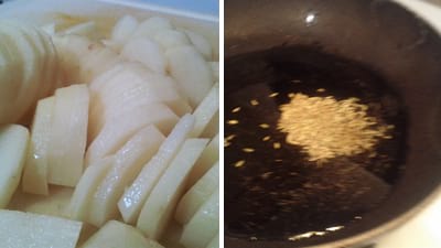 preparing potatoes for making potato golden fry.