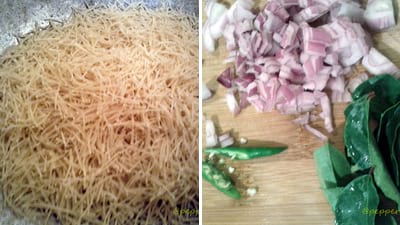 to make healthy semiya upma,  Chop Onion, slit green chilies, wash curry leaves.