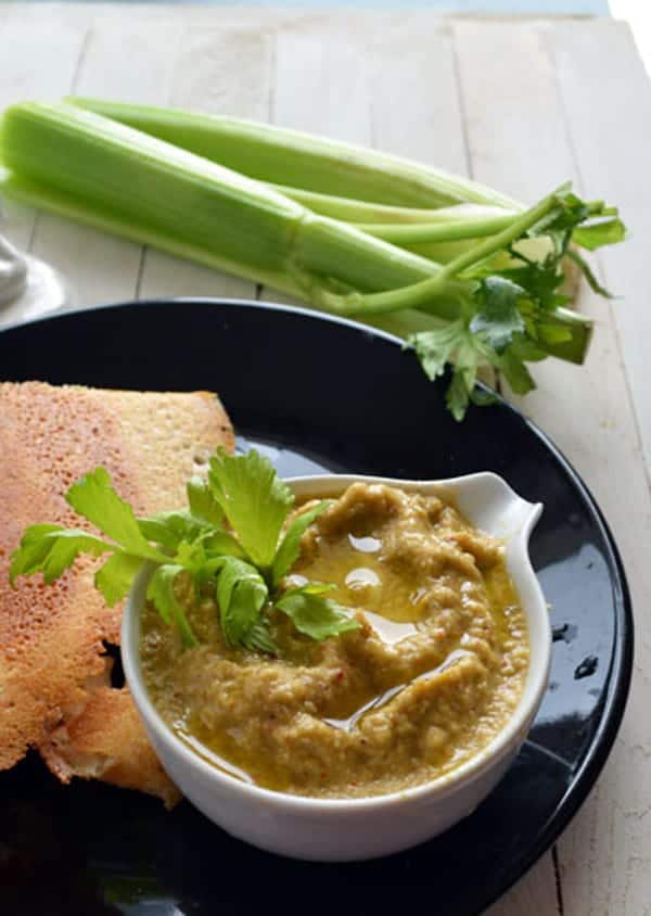 Celeray chutney is one of the best easy and delicious Indian celery recipes. Great to serve with Tamil breakfast recipes like, Idli, dosa. This tasty fusion dish is also perfect to serve as a dip for western appetizers.