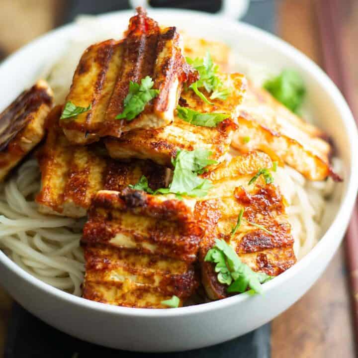 spicy tofu steak kept with noodles and ready for weeknight dinner