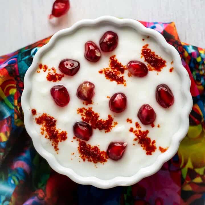 pomegranate raitha served with Indian rice