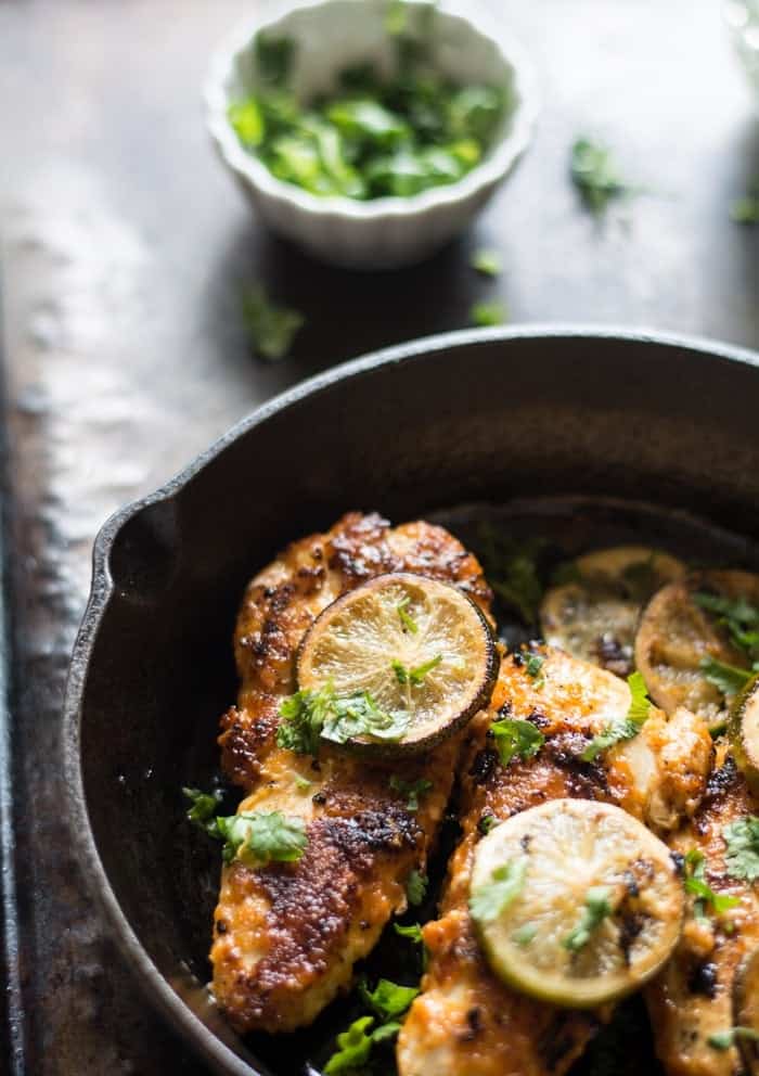The most delicious tender and juicy spicy garlic lime chicken on the pan.