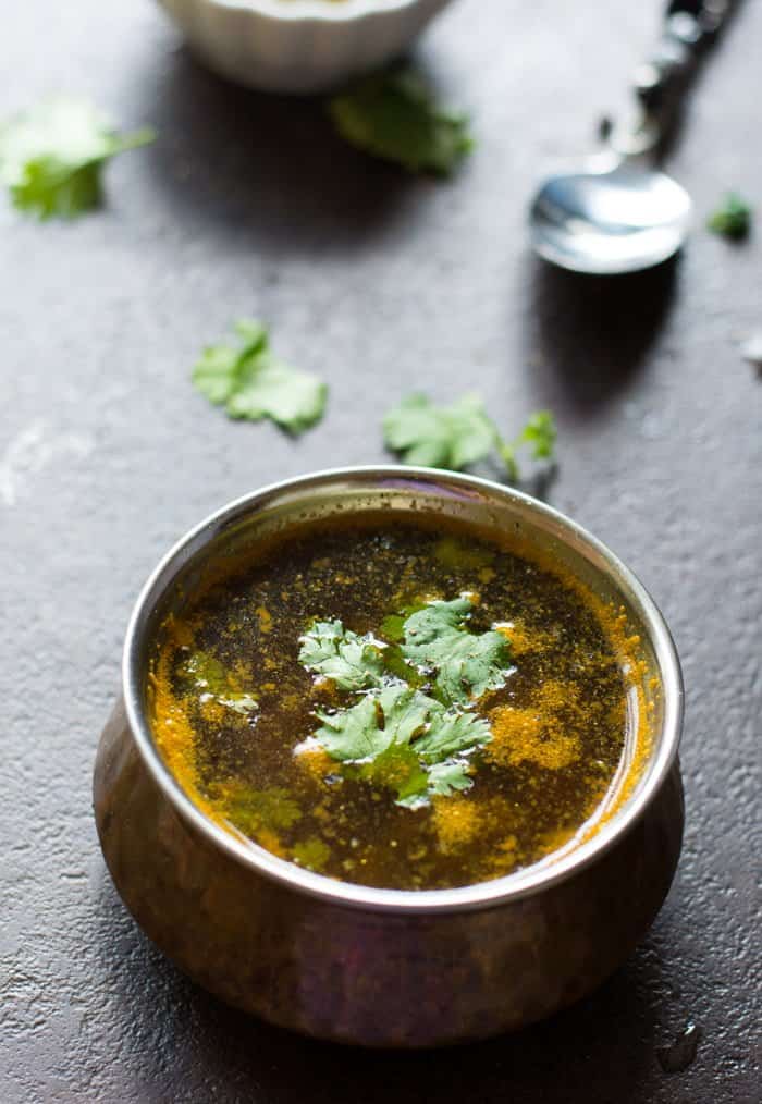 South Indian pepper rasam, a warm South Indian soup for rice.