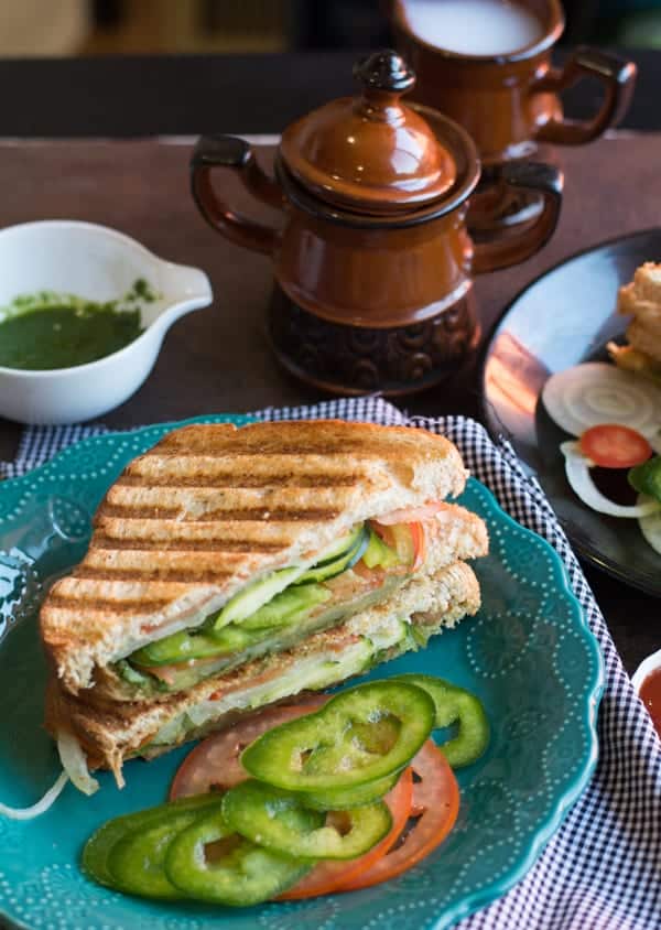 Healthy Bombay toast sandwich recipe is an easy breakfast. Made with onion, tomato, potato. Tasty with green chutney. This is an Indian style masala sandwich. Great vegetarian breakfast for the whole family.