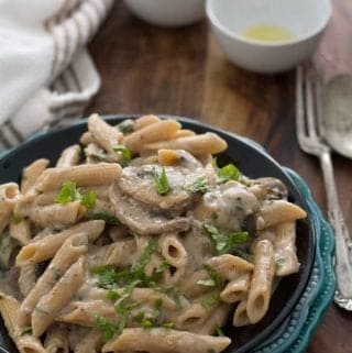 Cream of mushroom pasta sauce seasoned with crushed peppercorn and cilantro, made made in less than 20 minutes.