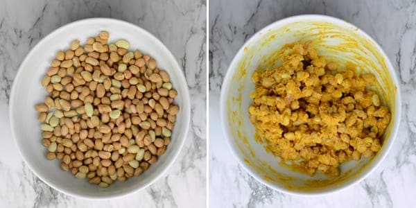 Mixing ingredients for masala peanuts-besan, rice flour, chili powder, turmeric powder and salt.