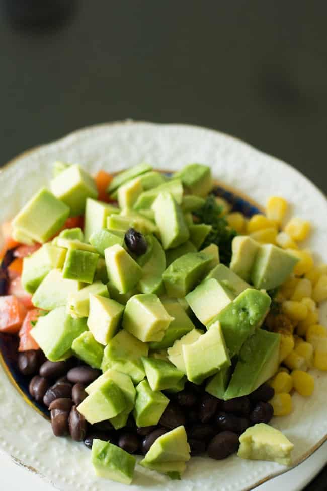 Variations for black bean corn avocado salad, add tomatoes or chicken or shrimp.