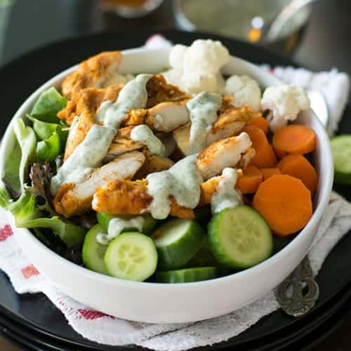 Greek yogurt chicken salad is amazingly delicious. Made with spicy chicken, crunchy vegetables and mint flavored dressing. This is healthy, Paleo, Keto and also an easy to make potluck recipe.