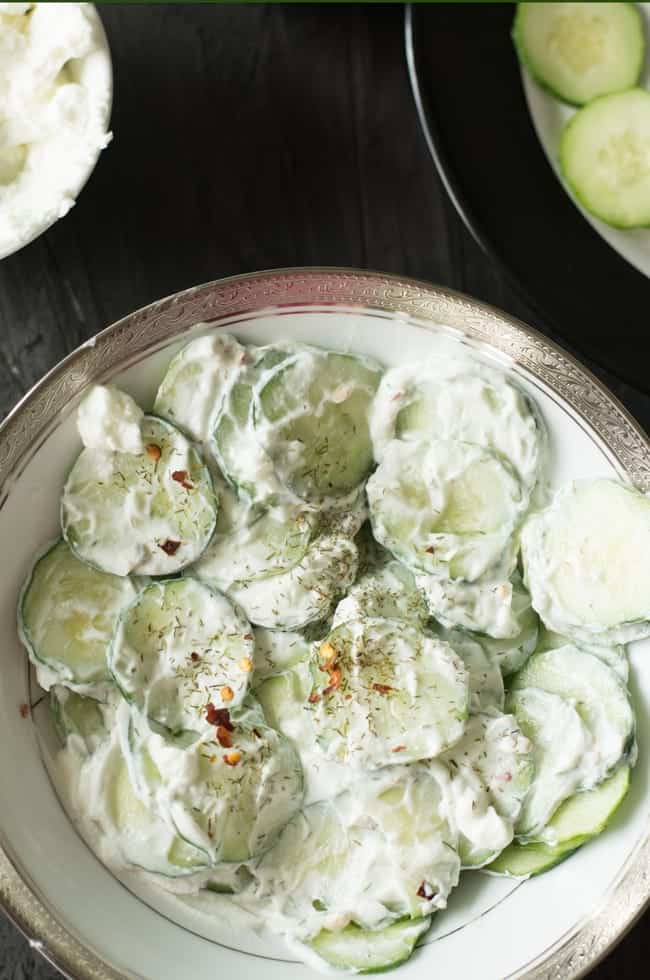 Greek yogurt cucumber salad is a healthy dish that you can treat yourself on this hot summer week. I need just a few minutes to make this dish that filled with the wholesome yogurt, fresh cucumber, and dill.