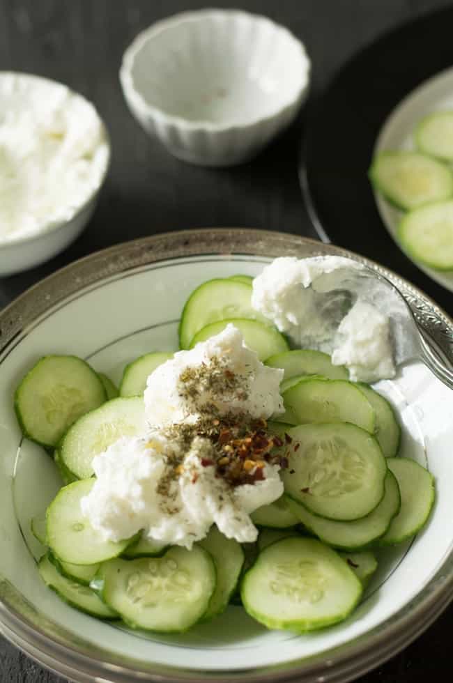Key Ingredients for Greek Yogurt Cucumber Salad-fresh cucumber, Greek yogurt, dill, chili flake.