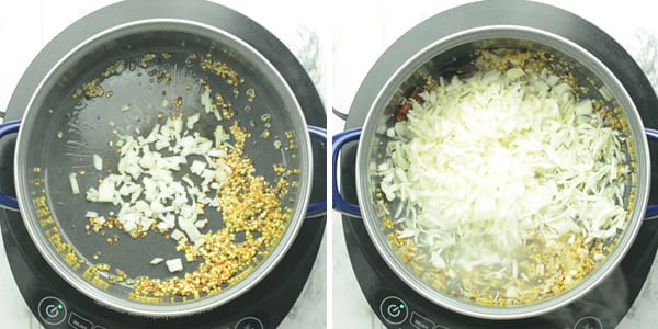 as the first step for making cabbage poriyal-In a pan, add cooking oil, mustard seeds, moong dal. 