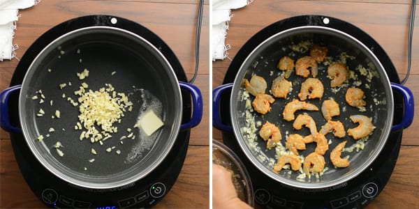 cooking hot Hawaiian shrimp with garlic and butter and adding marinated shrimps.