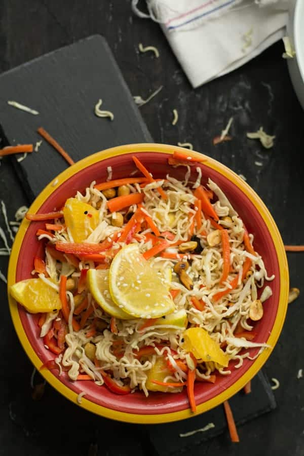 This salad tastes simple, fresh and light. And gives you a feeling like not chewing raw vegetables. It is citrusy, sweet, and crunchy. This has multiple folds of taste in each bite. You feel the lemon and then the crunchy veggies, nuts, and soft oranges. 