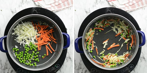  fry- In a large pan, add cooking oil and garlic to make aromatic fried rice. When it changes it color slightly, add cabbage carrot and green peppers.