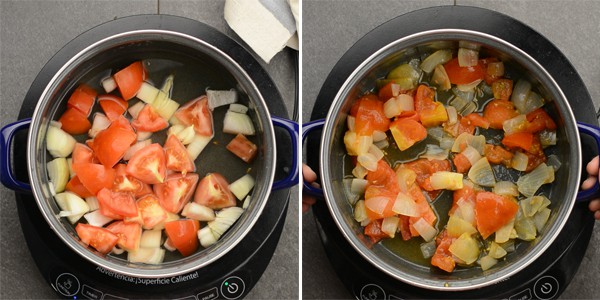 Make the base for the soup: Add roughly chopped onion, tomato to two cups of water.  Cook tomato and onion till it becomes fork tender. Let it cool down