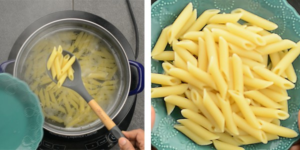 Cooking pasta for making penne pomodoro recipe. Pasta cooked, drained and set aside. 