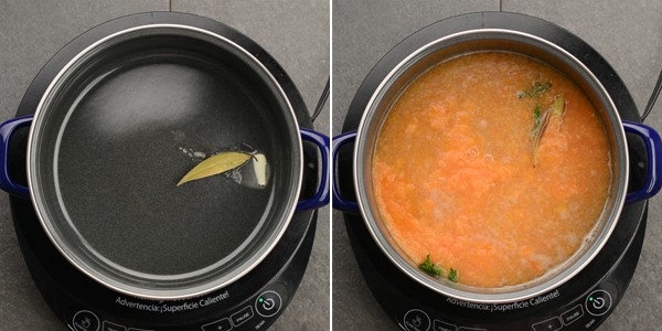 seasoning the soup with bay leaf, mint leaves and butter.