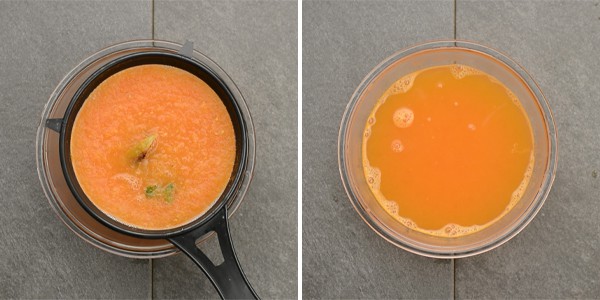 Straining the soup in fine mesh sieve to extract the tomato broth to the maximum extent.