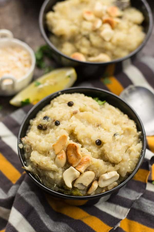 This quinoa Pongal is hot and creamy. his spicy Pongal recipe is so much easy to make and tastes wonderful. The black peppercorns and the ginger root and the green chili gives the rich kick. 