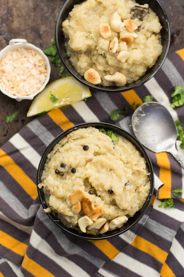 A big bowl of Quinoa Pongal is purely delectable comfort food. No Instant Pot? No problem! we'll also find the directions to make using the pressure cooker and also the regular stovetop option.