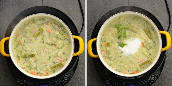 The final stage of cooking this kerala veggie curry by adding yogurt, curry leaves and coconut oil