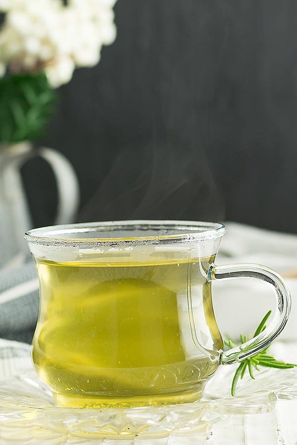 Ginger fennel tea, looks piping hot and green