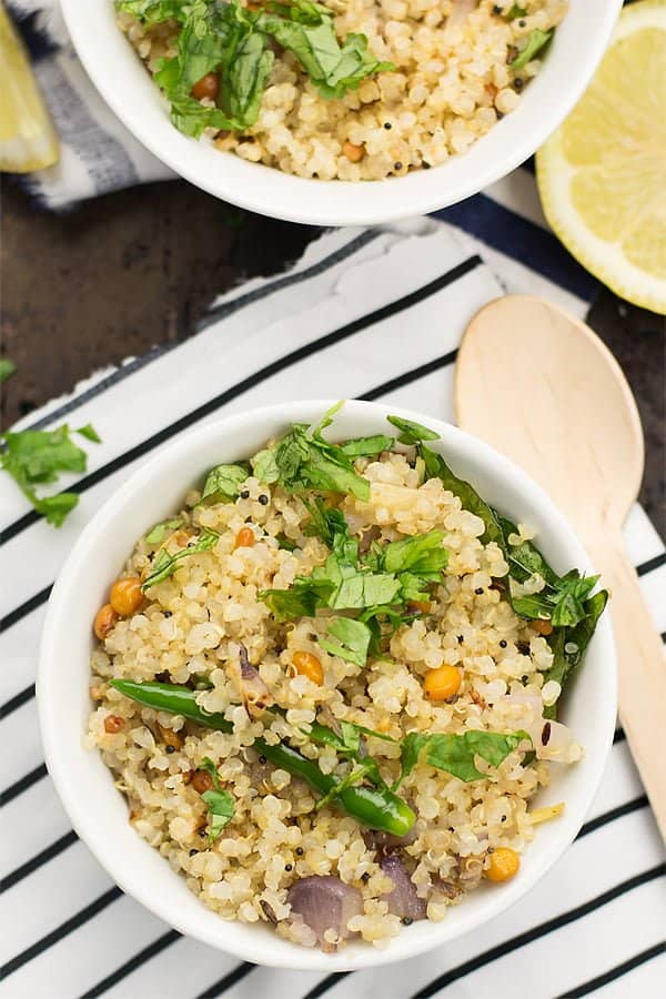 Quinoa upma, the South Indian breakfast is great for healthy, fiber-rich mornings. The classic tasting upma made with quinoa, onion, mustard seeds, and ginger. 