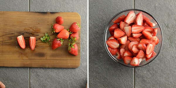 cleaning and remove the core of strawberry. Slice them into two for easy blending.