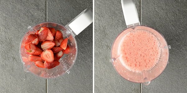 Crushing the fruits in a blender to make the fresh juice from strawberries.