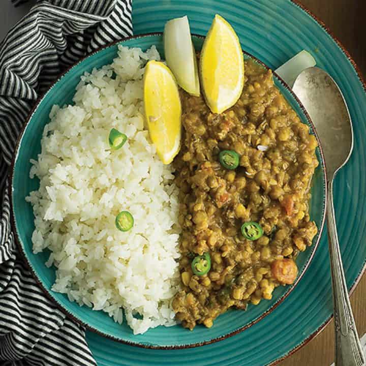 mung bean curry served with white steamed rice.