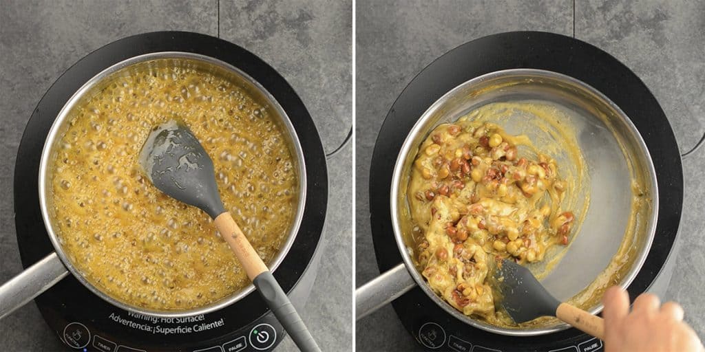 Quickly stirring the peanuts for the spicy jalapeno brittle.