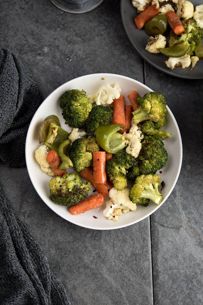 These spicy roasted vegetables are mildly spicy, crunchy.  Even better, it's low-carb, low in sugar, low fat, and dairy-free. So it won't hurt your plans following the popular diets.