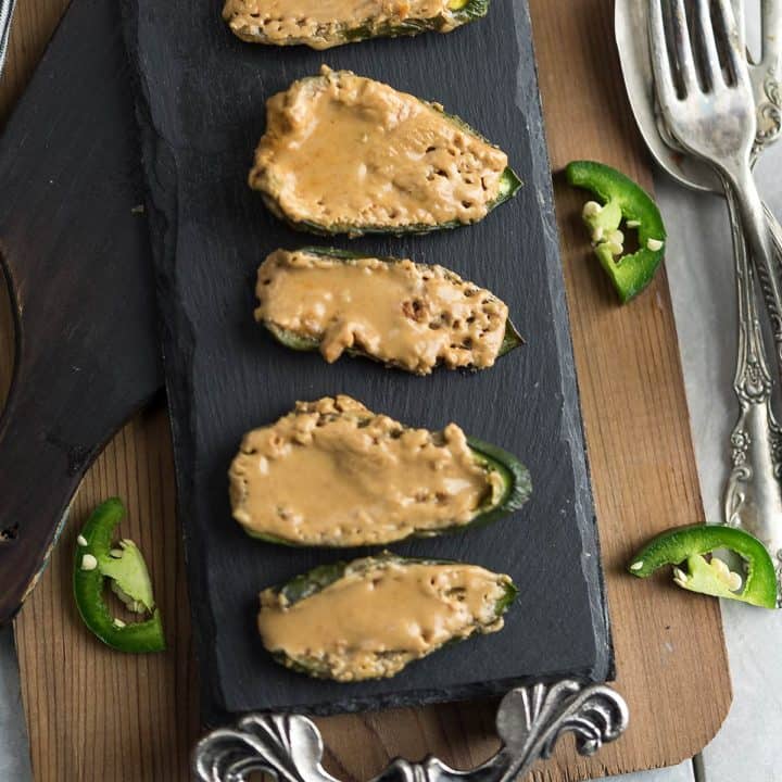 This peanut butter stuffed jalapenos are unbelievably delicious. A party friendly, easy recipe with perfect heat and melts in your mouth.