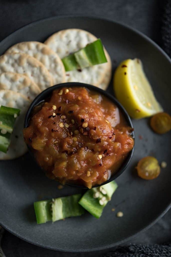 Roasted jalapeno salsa is delicious served with chips.