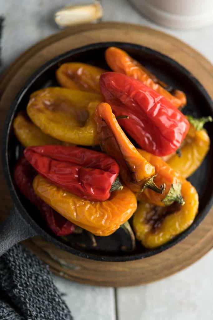 Roasted mini peppers are delicious, served as a appetizer.