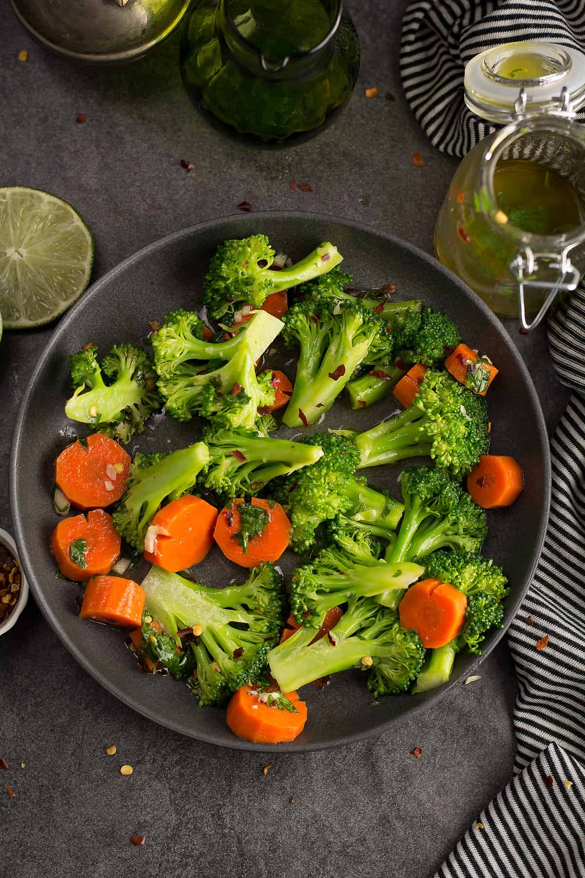 Spicy broccoli salad served in a decorative bowl.