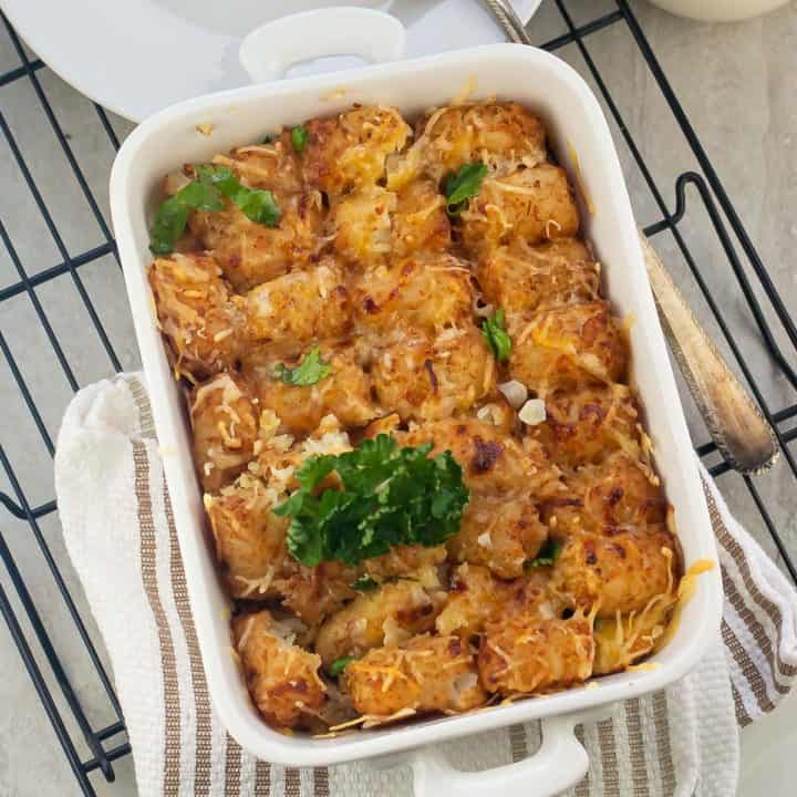 Tater tot breakfast casserole, best breakfast for crowd, ready to serve.