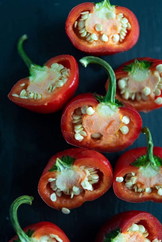 peppers are cut into halves.