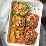 This chickpea stuffed peppers, a simple dish for spicing up your weekend dinners. Tastes savory with a hint of heat and with crunchy texture.