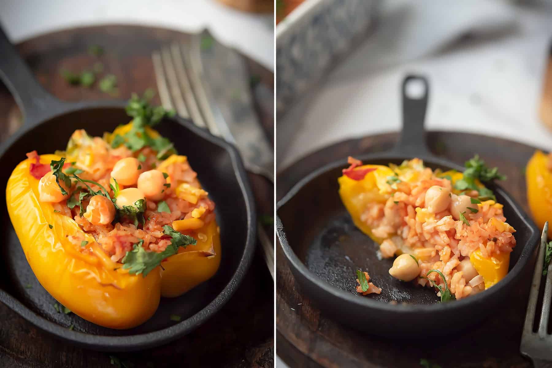 Single serve peppers stuffed with chickpea placed in a small iron pan