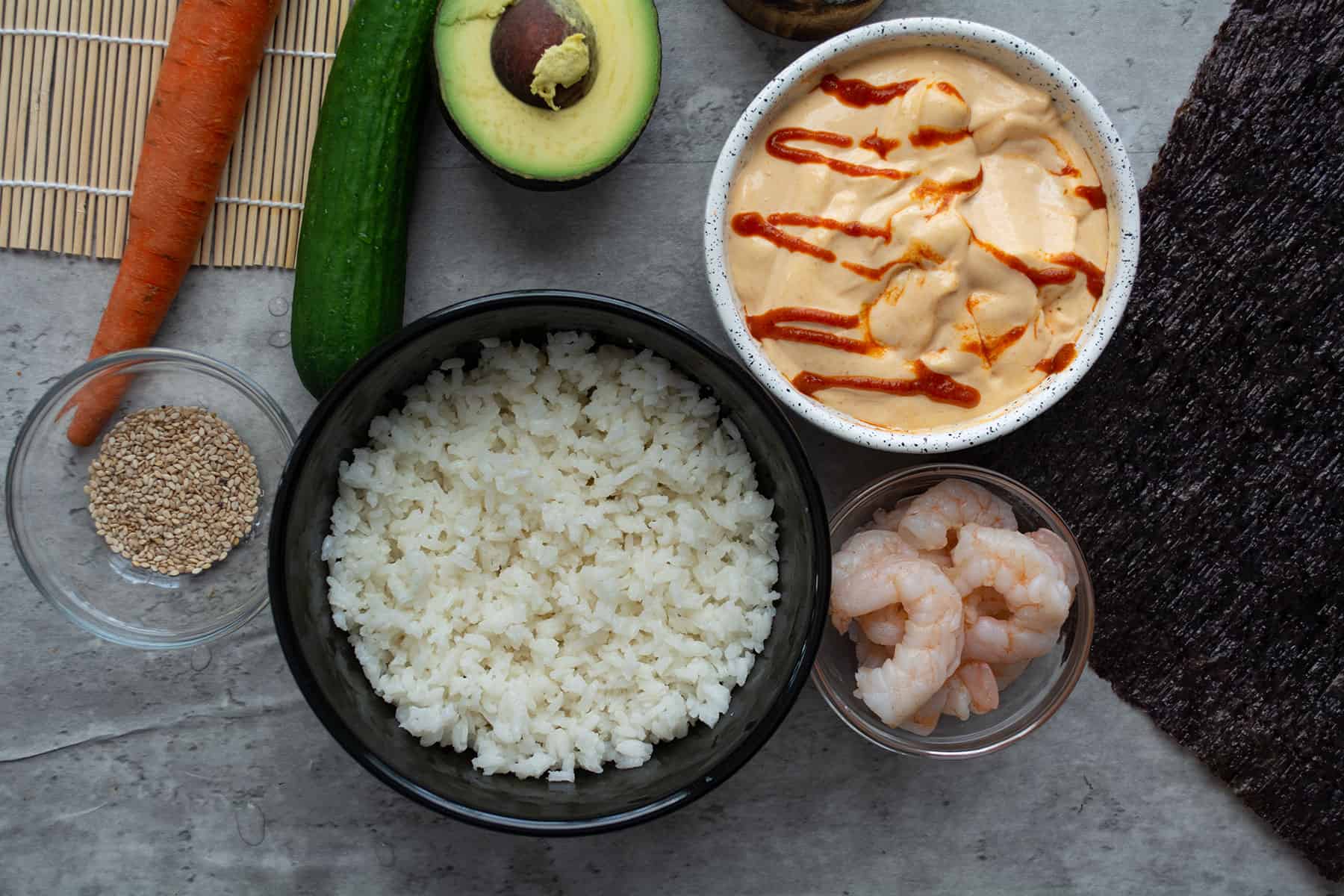 ingredients kept ready for making spicy shrimp rolls