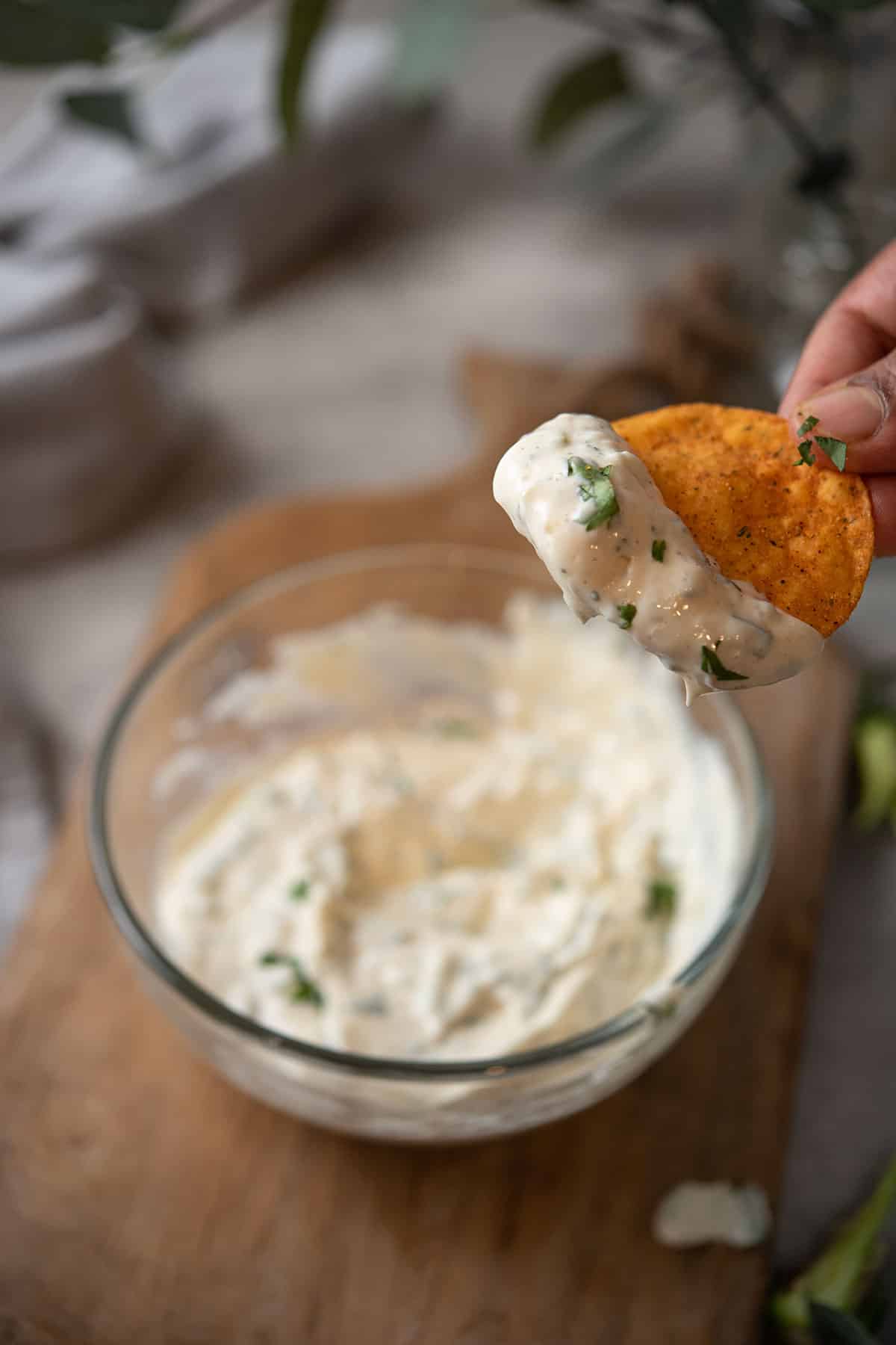 jalapeno mayo dip is shown with a cracker in fingers