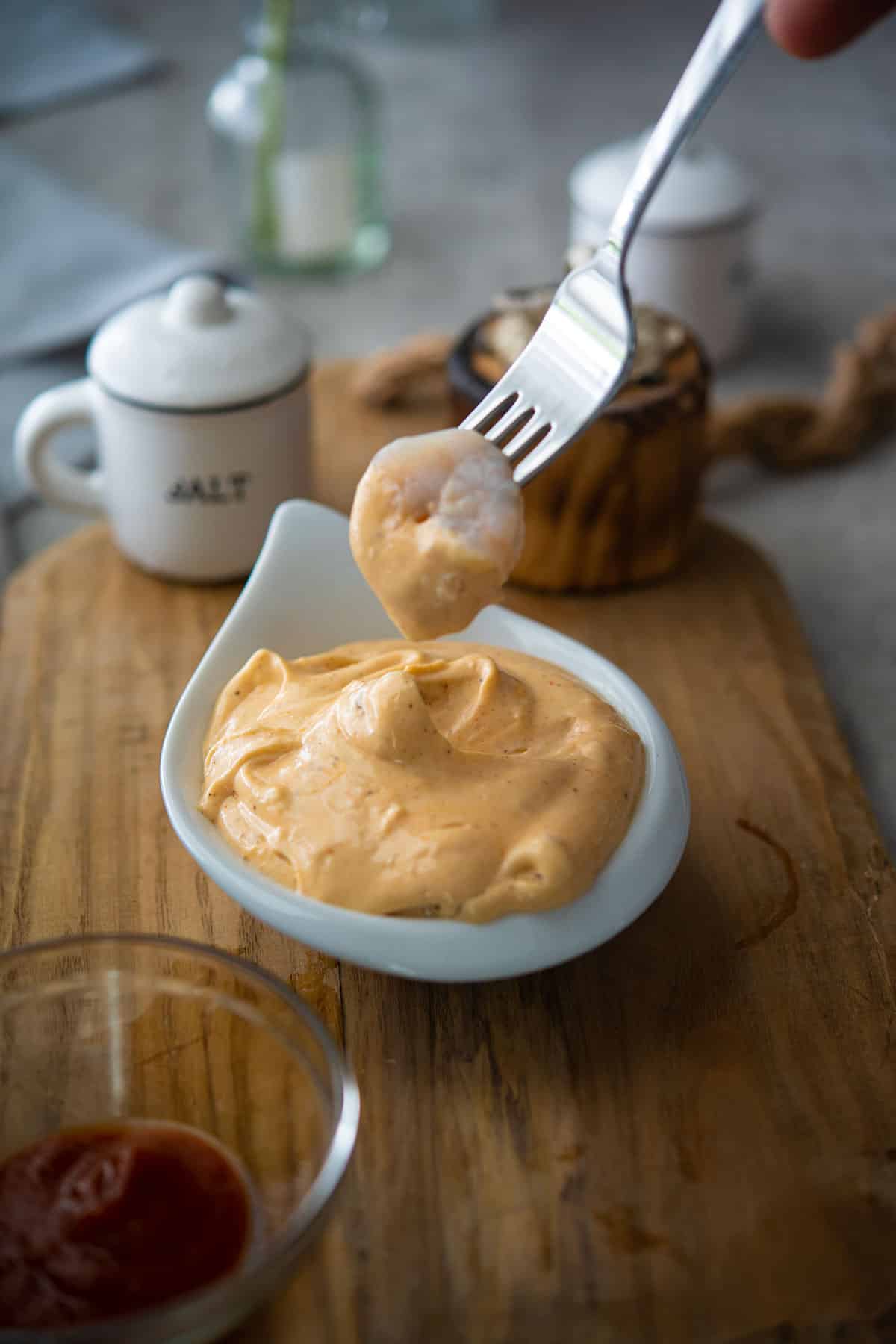 shrimp dipped in the dipping aioli sauce