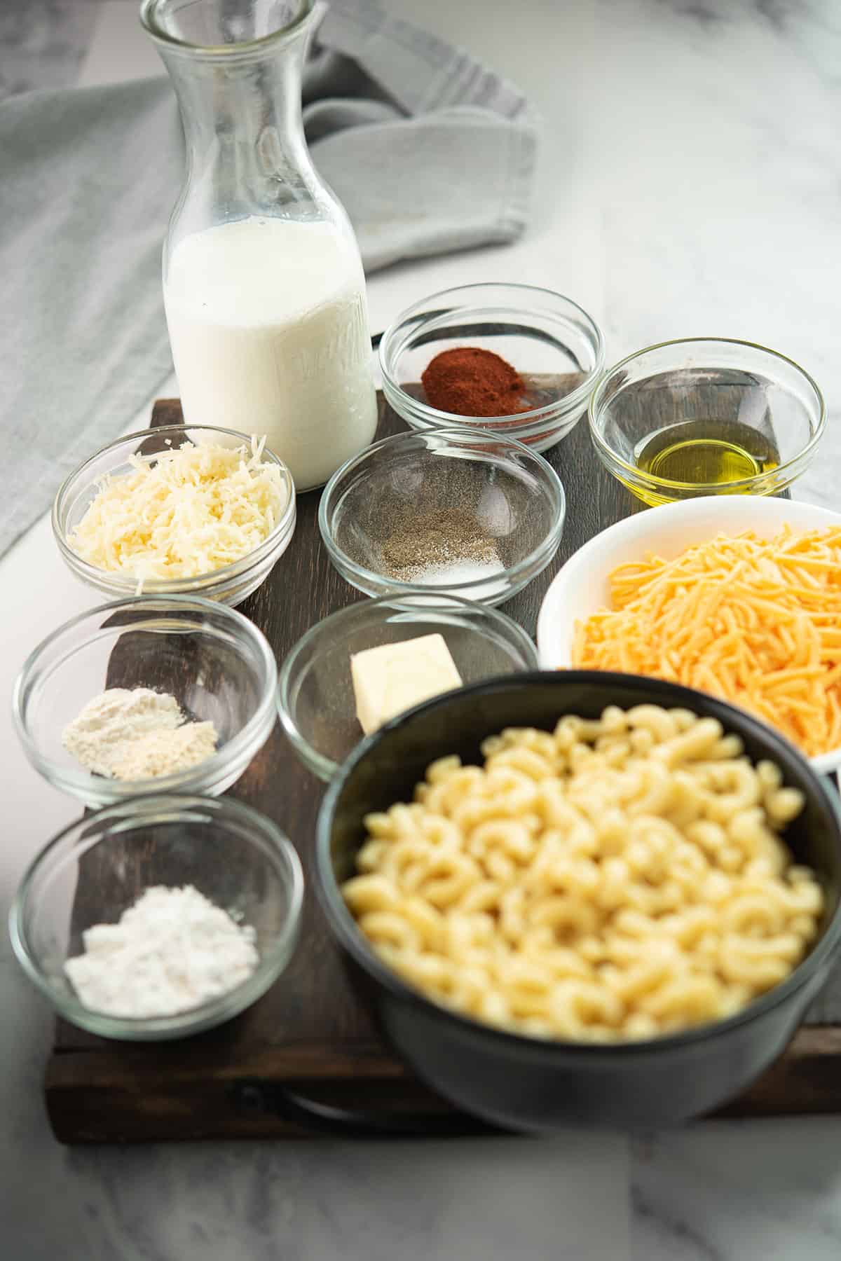 spicy mac and cheese ingredients placed in a tray