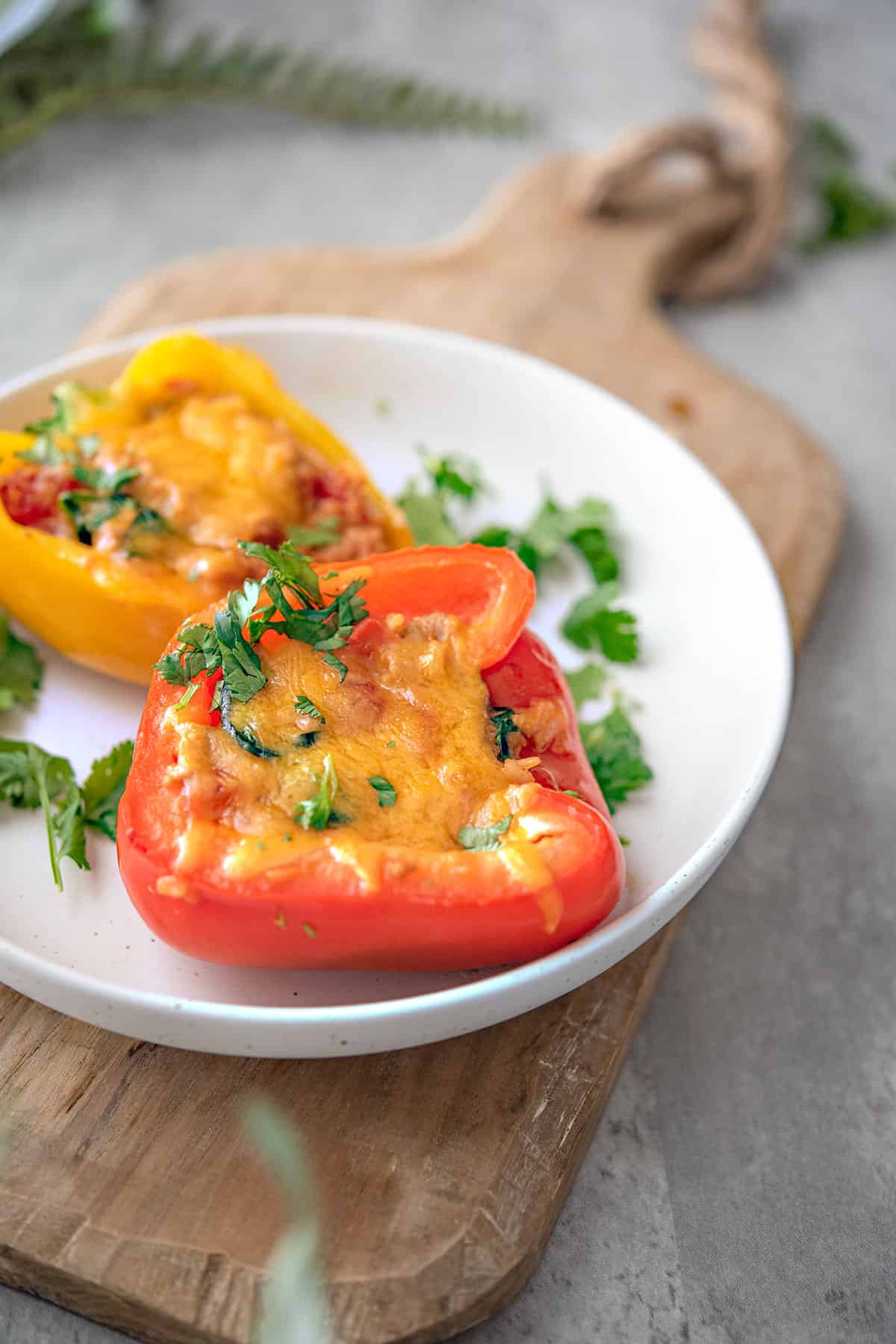 cheesy looking stuffed turkey pepper in a plate