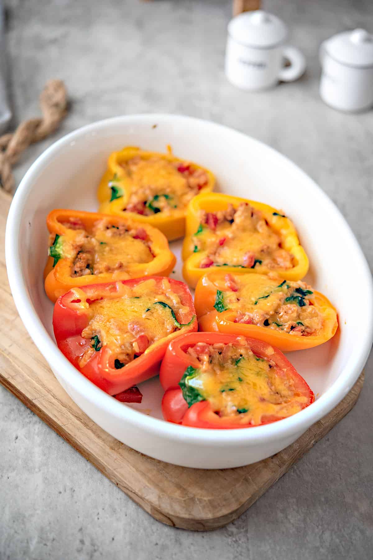 turkey stuffed peppers in a baking dish