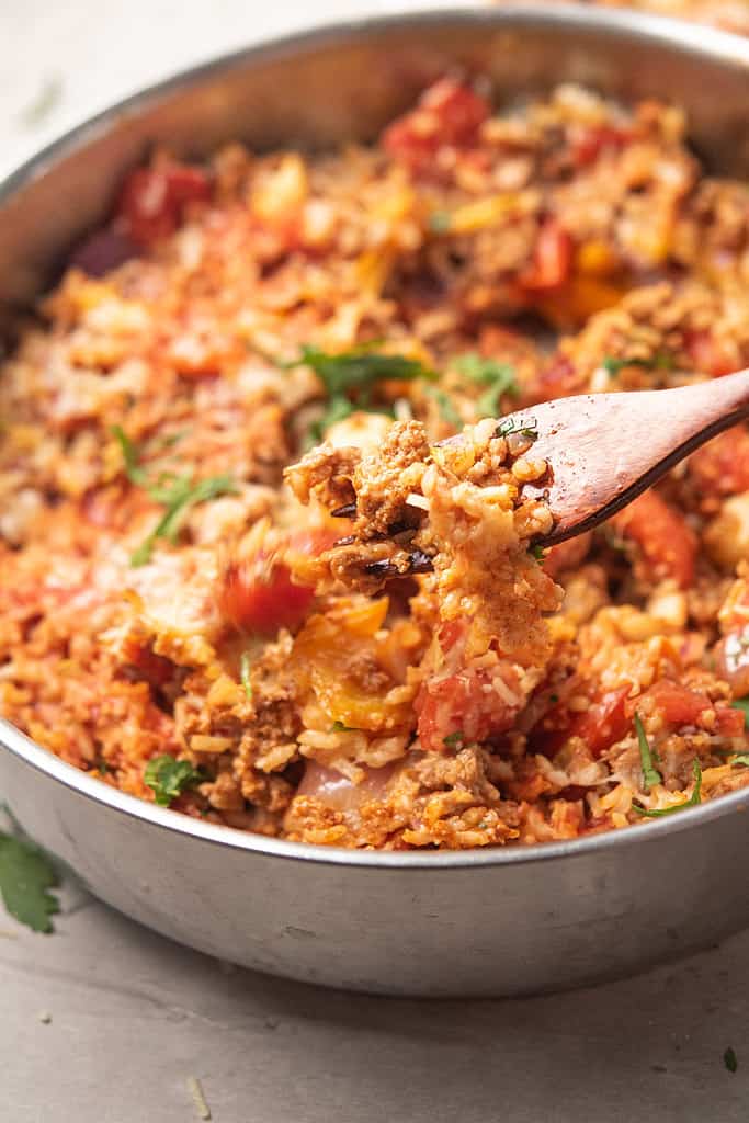 deconstructed stuffed peppers in a pan