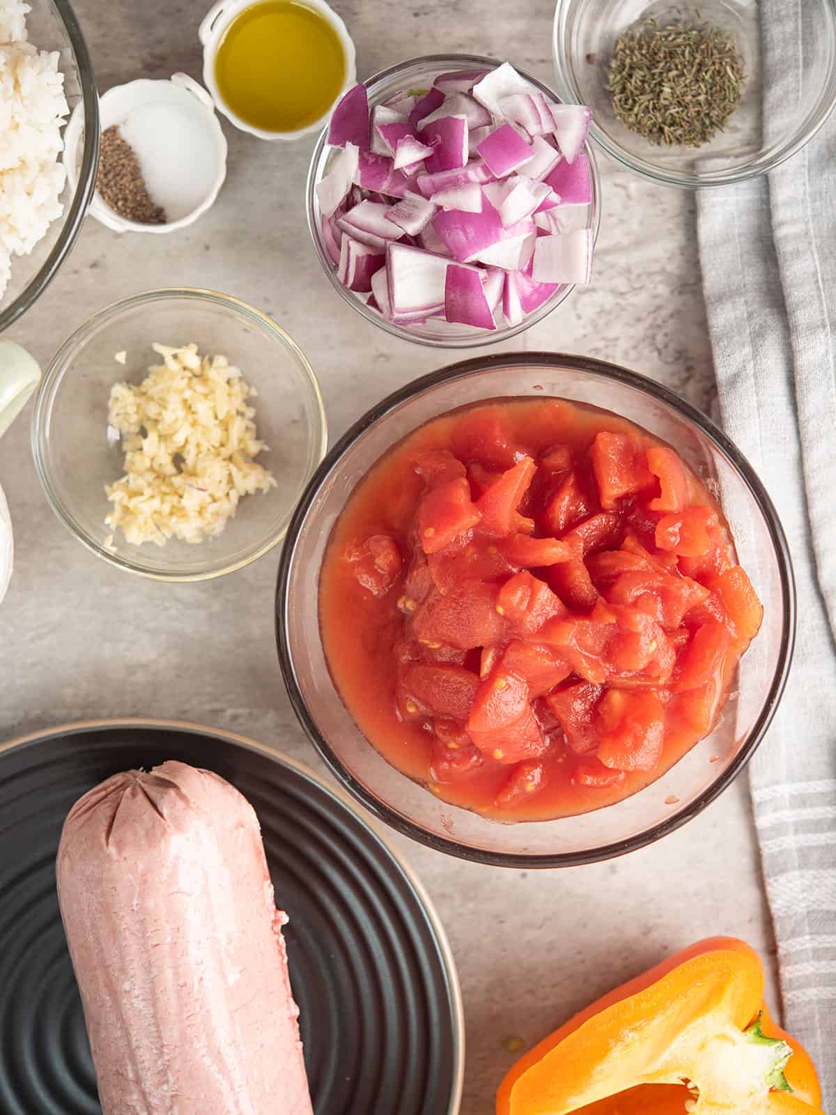 the ingredients for the deconstructed stuffed pepper assembled in the kitchen counter