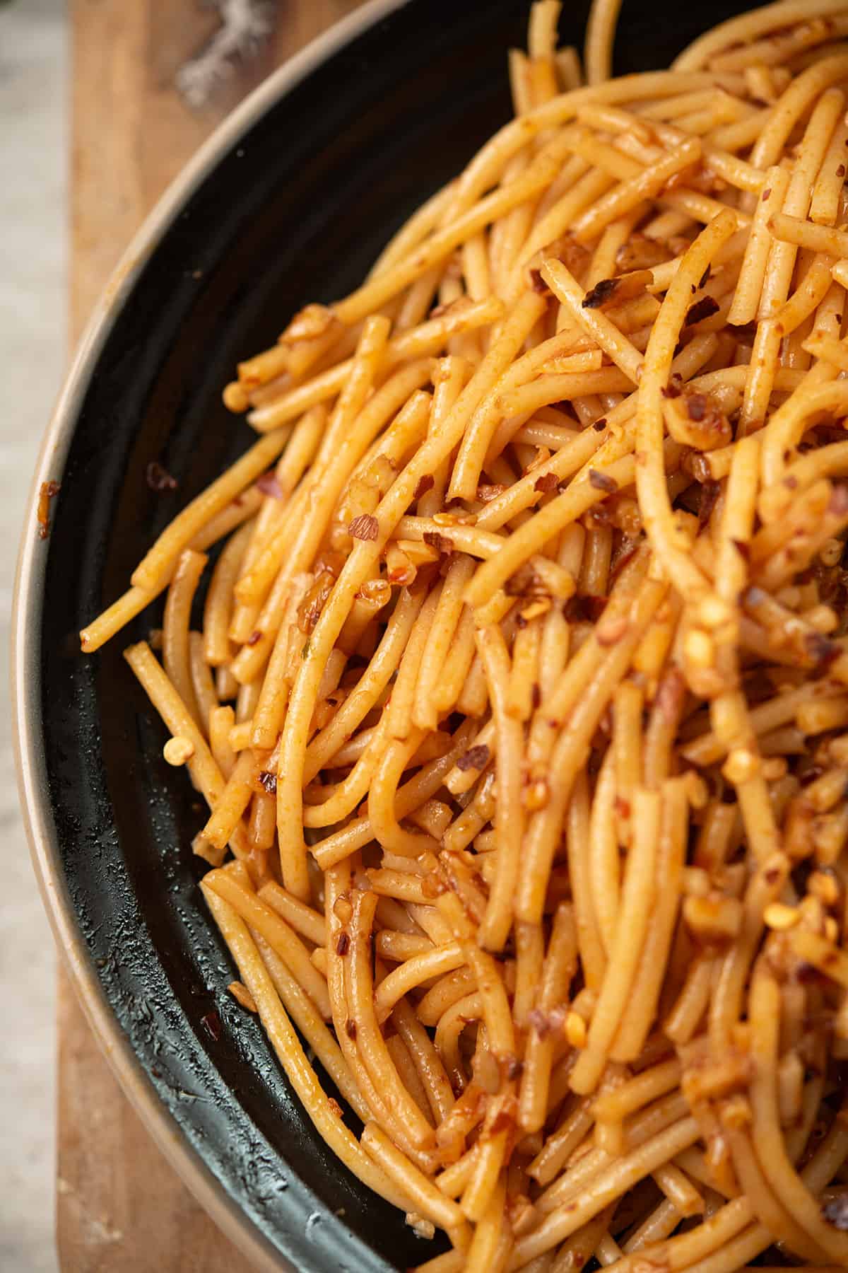 close up view of Asian garlic noodles recipe